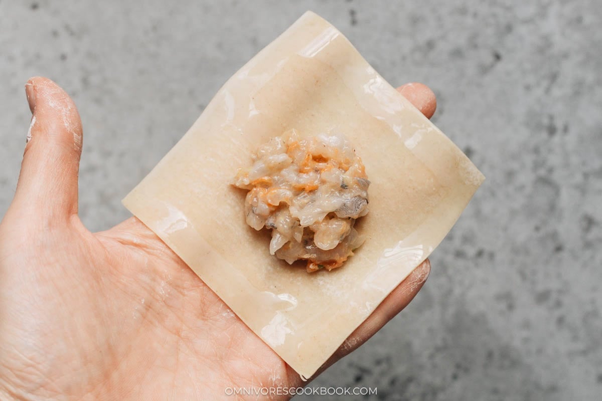 Filling placed on a wonton wrapper before folding