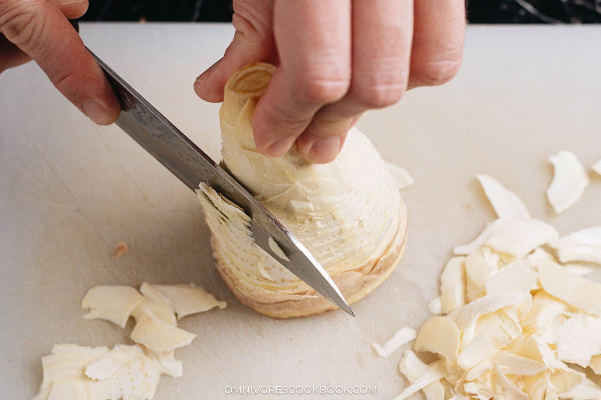 Trimming and shaping peeled bamboo shoot