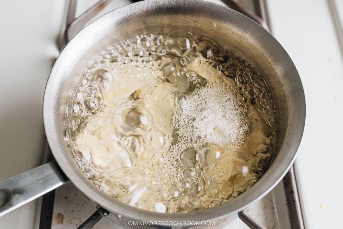Boiling bamboo shoots in water