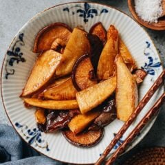 My braised bamboo shoots with mushrooms uses oyster sauce, soy sauce, ginger and Shaoxing wine to create a side dish that is just as satisfying as a main dish. If you happen to find fresh whole bamboo shoots at your Asian market, this is a dish you can&rsquo;t miss.