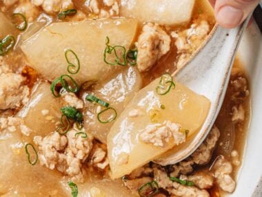 Close-up of soft winter melon scooped with ground chicken