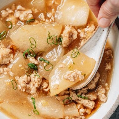 Close-up of soft winter melon scooped with ground chicken