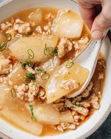 Close-up of soft winter melon scooped with ground chicken