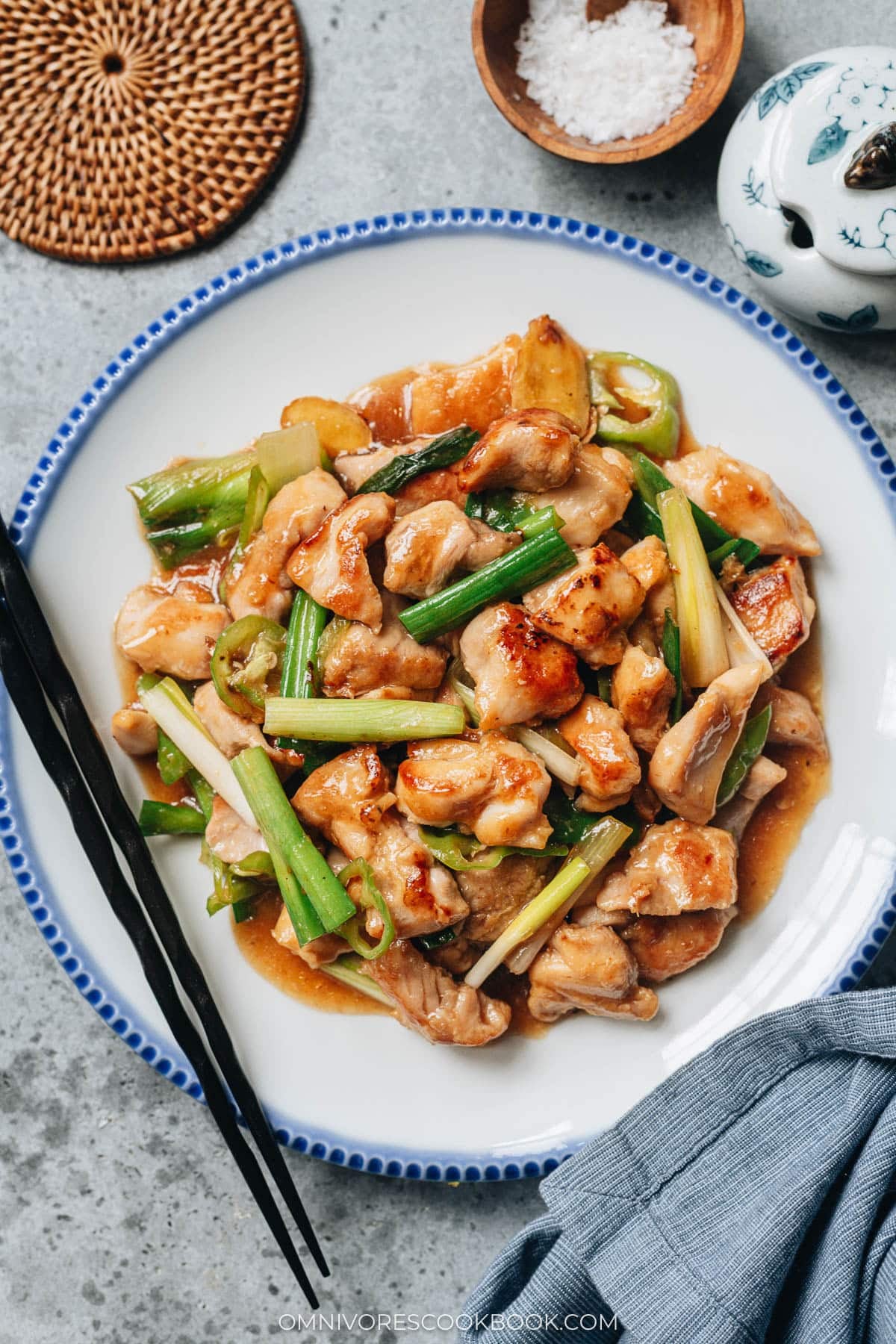 Ginger Chicken Stir Fry served on a plate with sticks