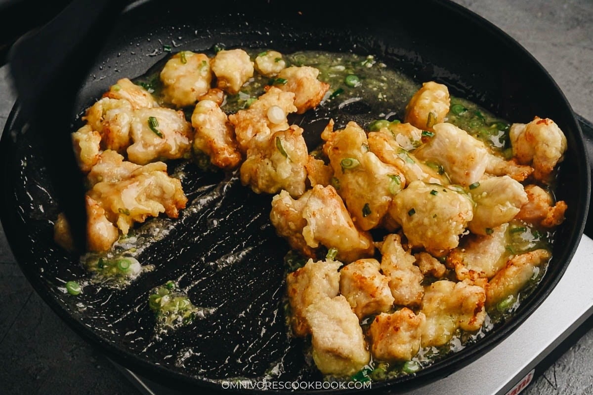 mixing in the lemon chicken bites