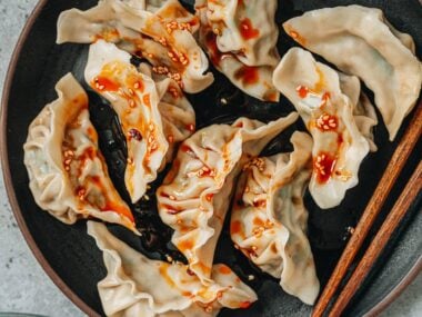 Pork and chive dumplings with chili oil
