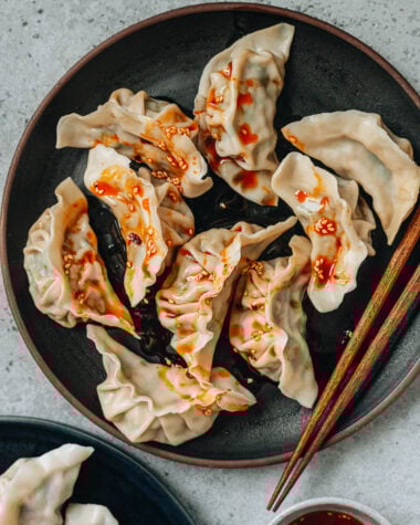 Pork and chive dumplings with chili oil