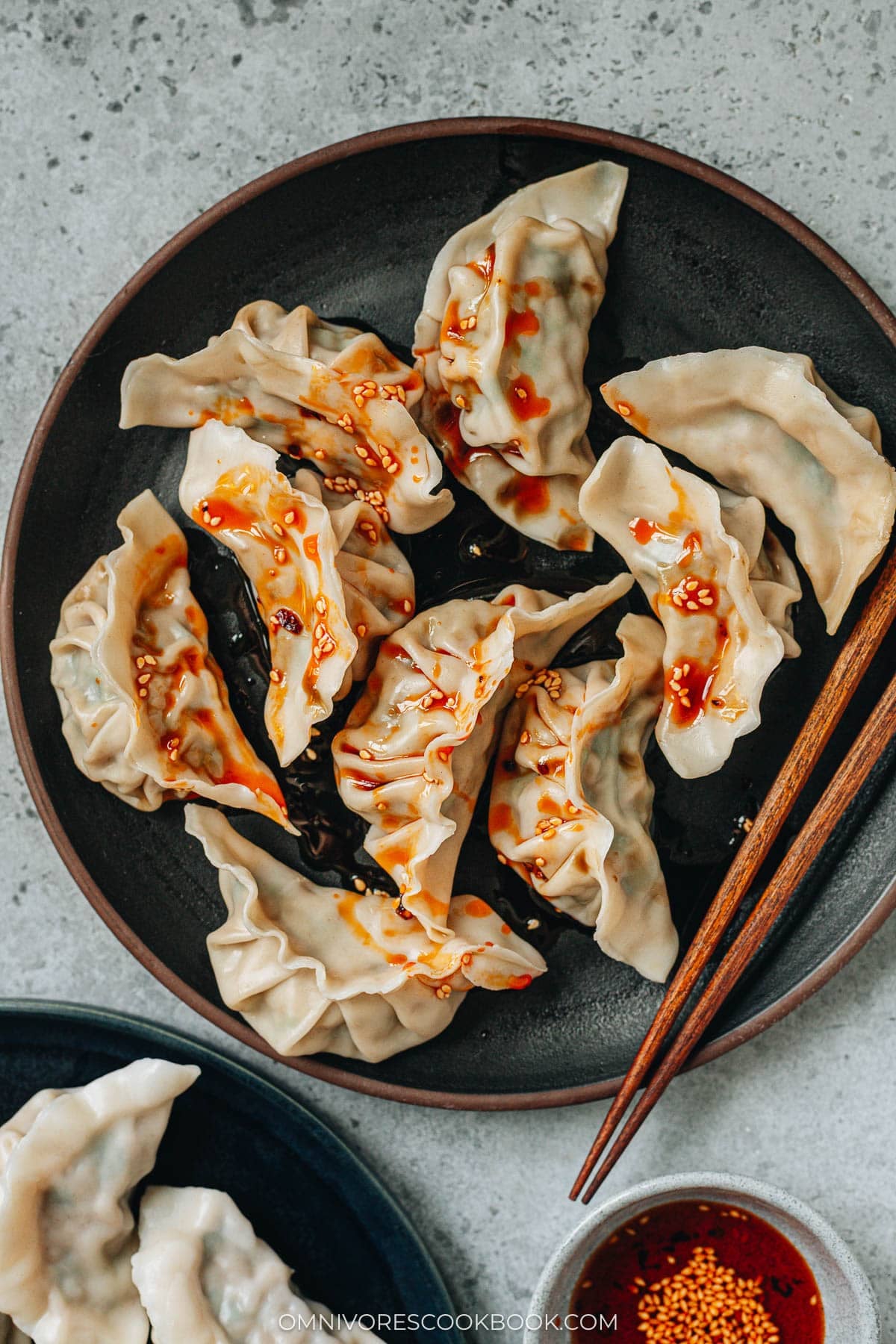 Pork and chive dumplings with chili oil