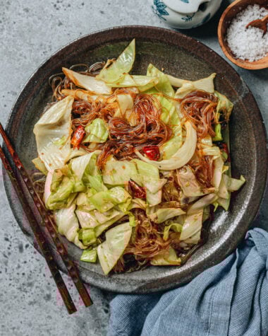 Cabbage Glass Noodles Stir Fry serve on a plate