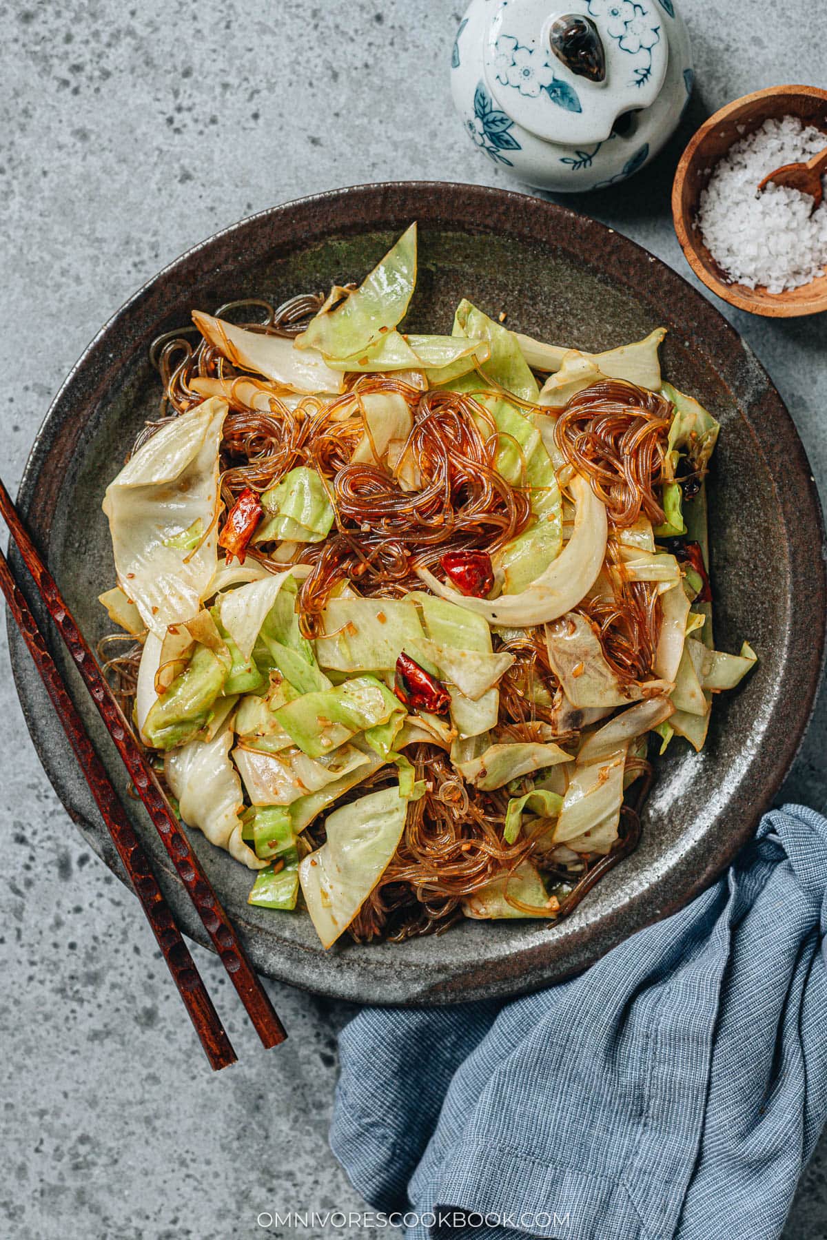 Cabbage Glass Noodles Stir Fry serve on a plate