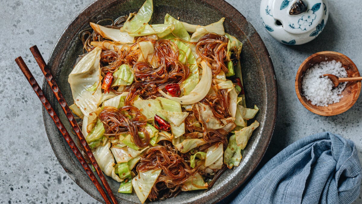 Cabbage Glass Noodles Stir Fry serve on a plate