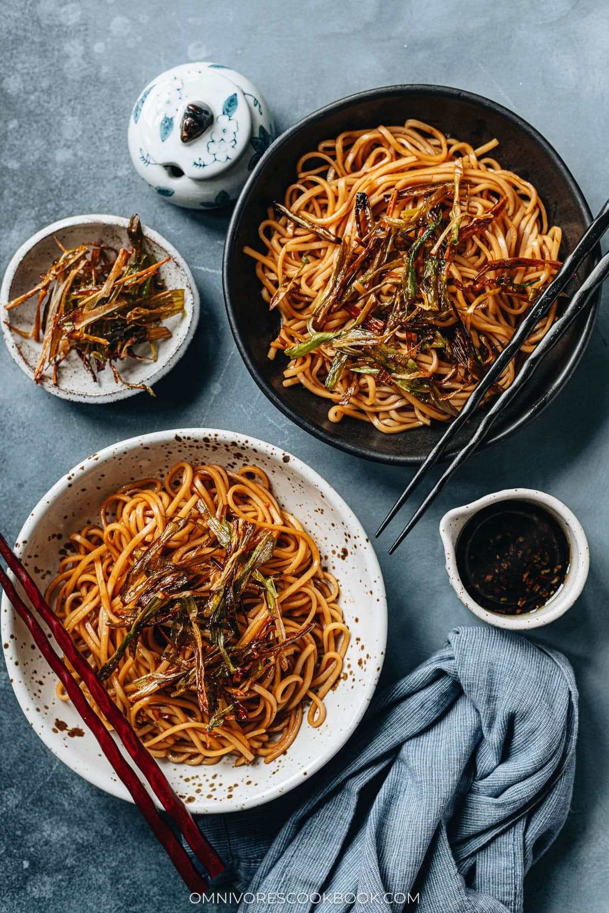 Homemade scallion noodles in bowls