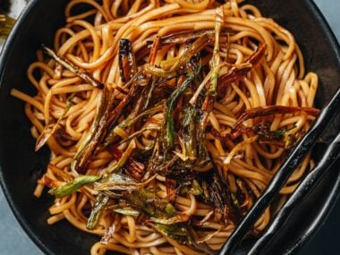 Scallion noodles close up