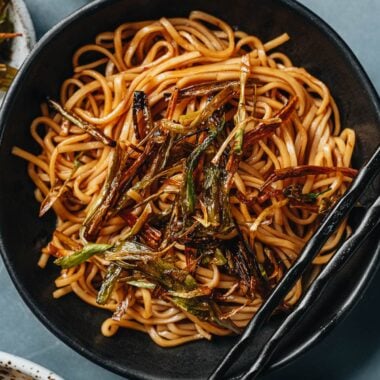 Scallion noodles close up