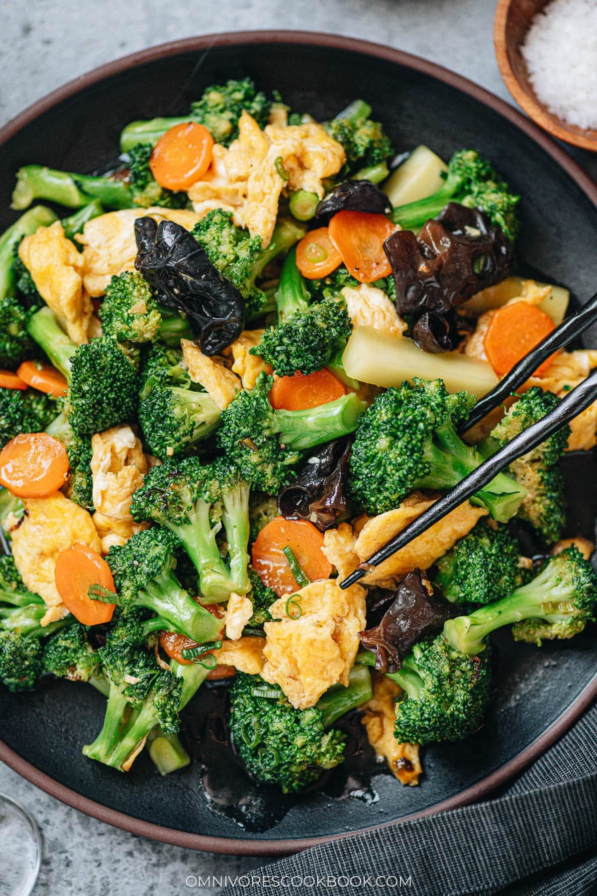 Broccoli and eggs stir fry close up