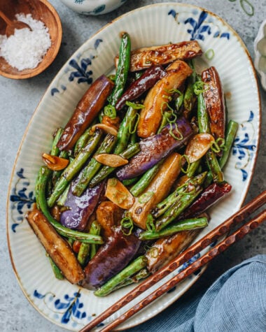 Chinese eggplant and green beans with garlic sauce