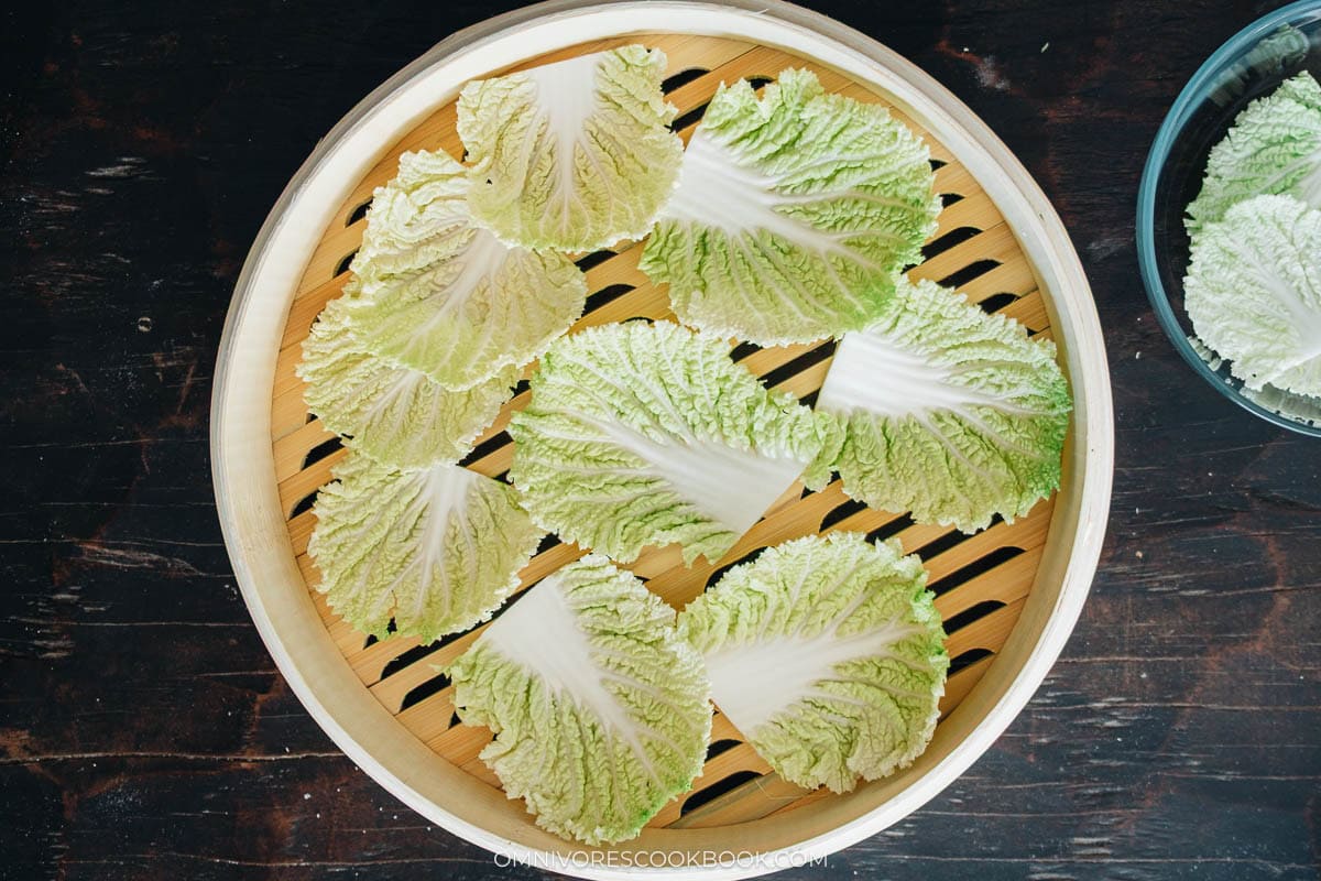 cabbage leaves place in a steamer