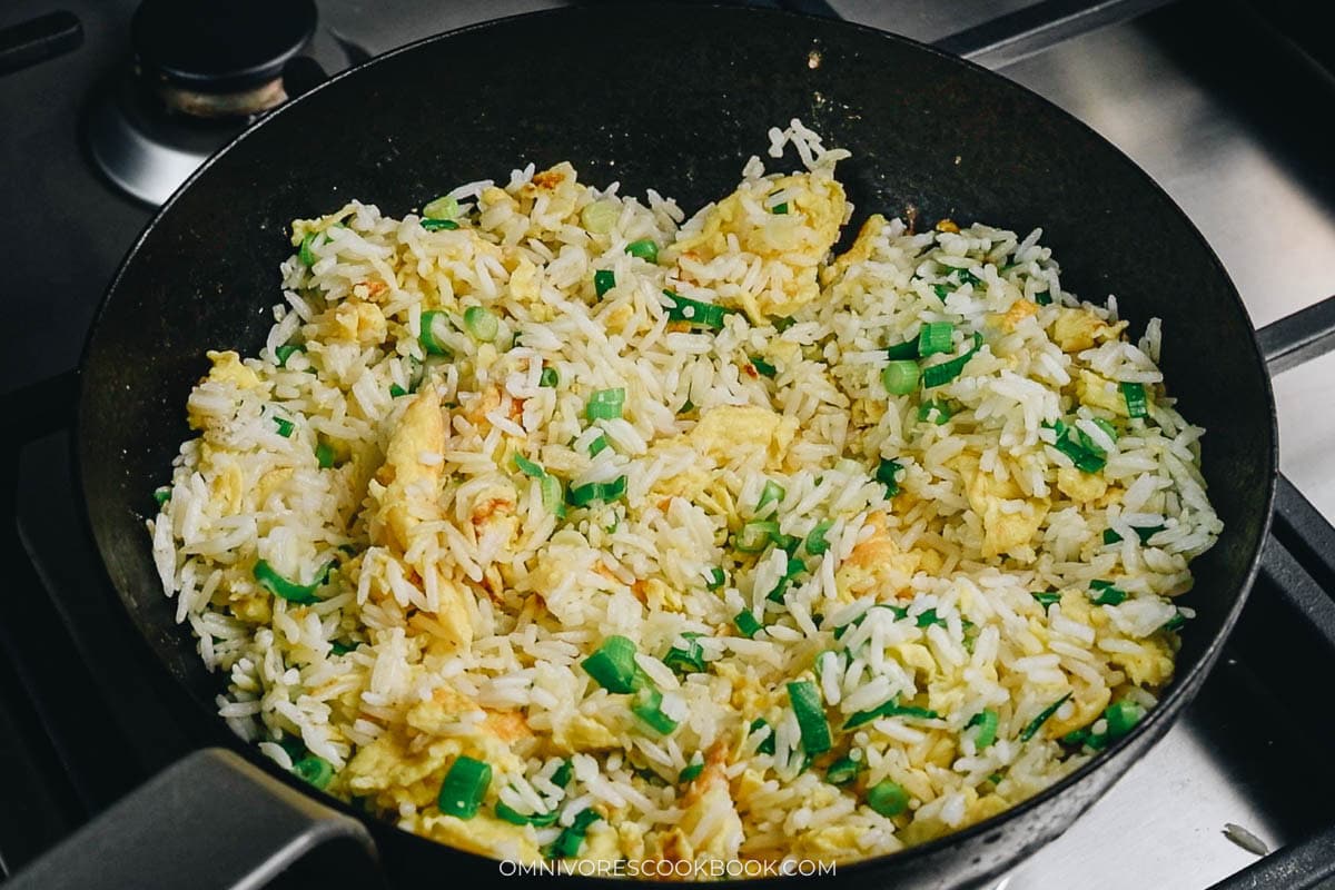 Finished egg fried rice in a small wok
