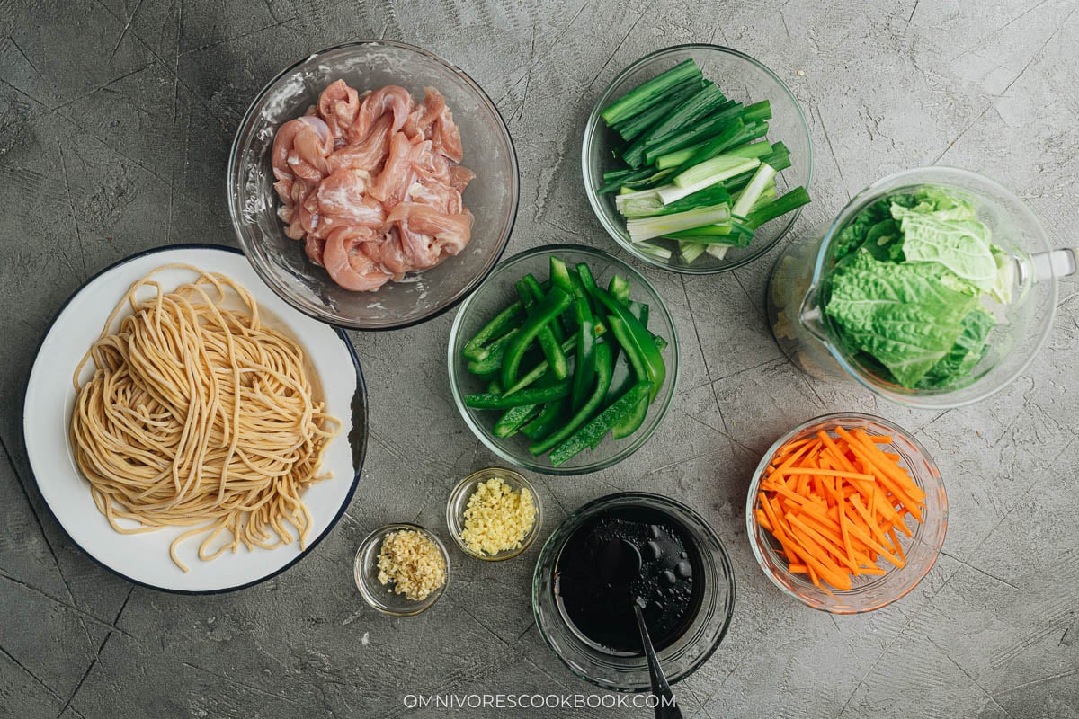 Ingredients for making chicken lo mein