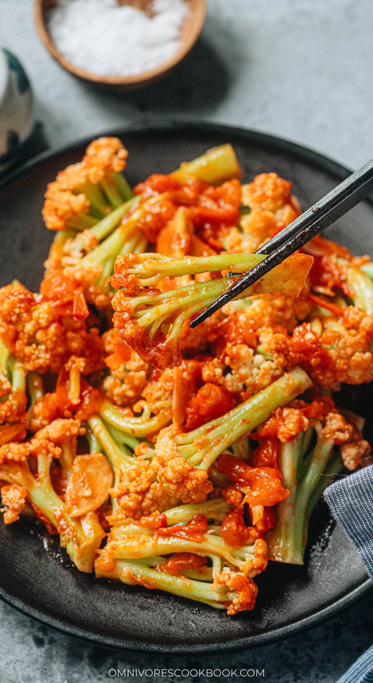 Close up Chinese cauliflower stir fried with tomato sauce