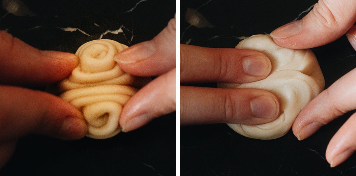 Pinching and shaping layered dough into a compact round