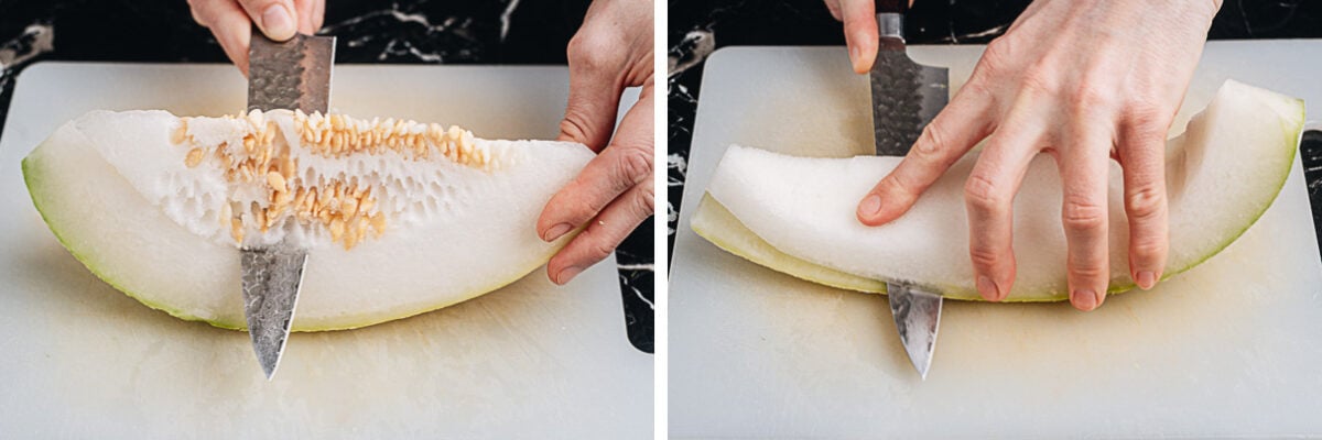 Removing seeds and peeling skin from winter melon
