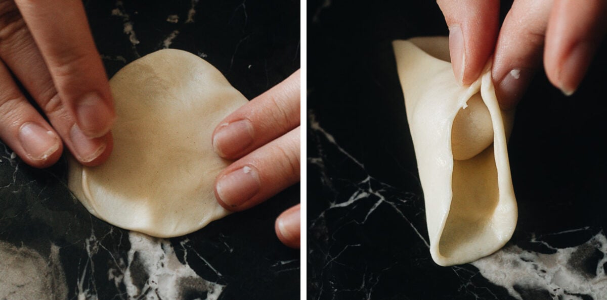Wrap oil dough into flattened water dough