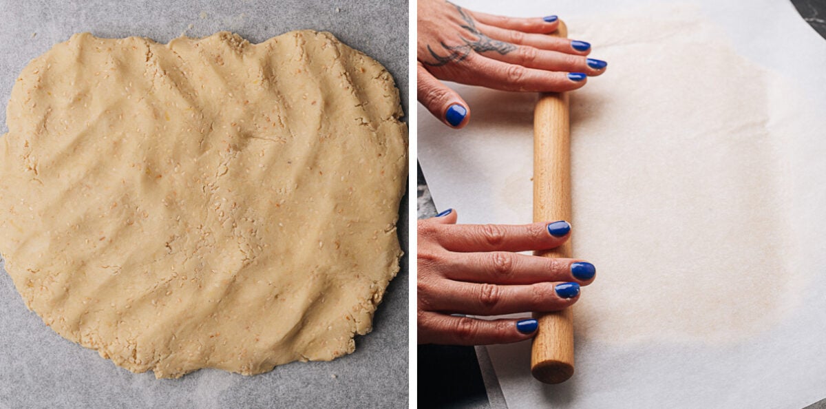 Pressing sesame shortbread dough flat