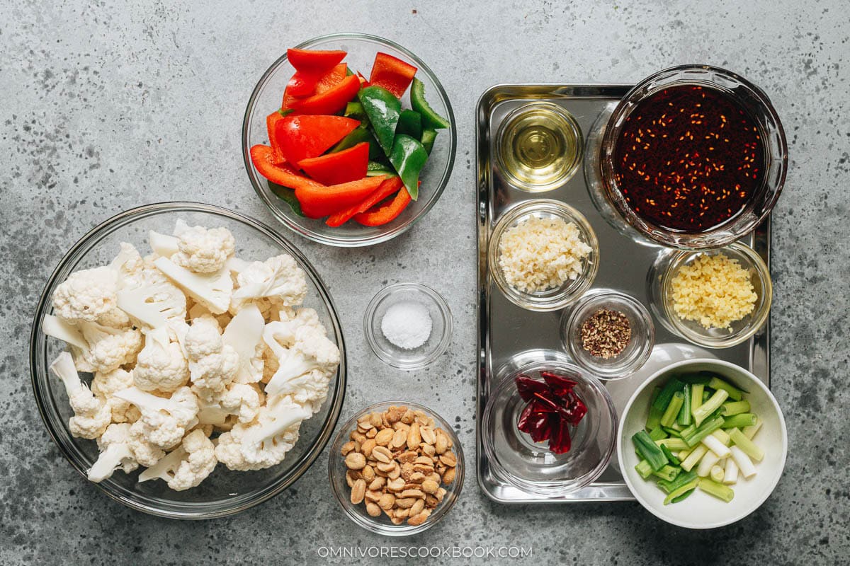 Ingredients for making kung pao cauliflower