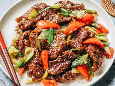 Ginger beef stir fry in a pan