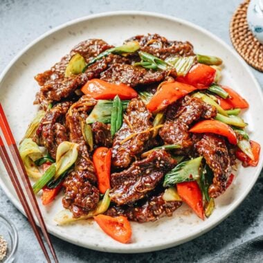Ginger beef stir fry in a pan
