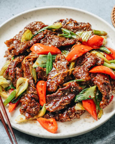 Ginger beef stir fry in a pan
