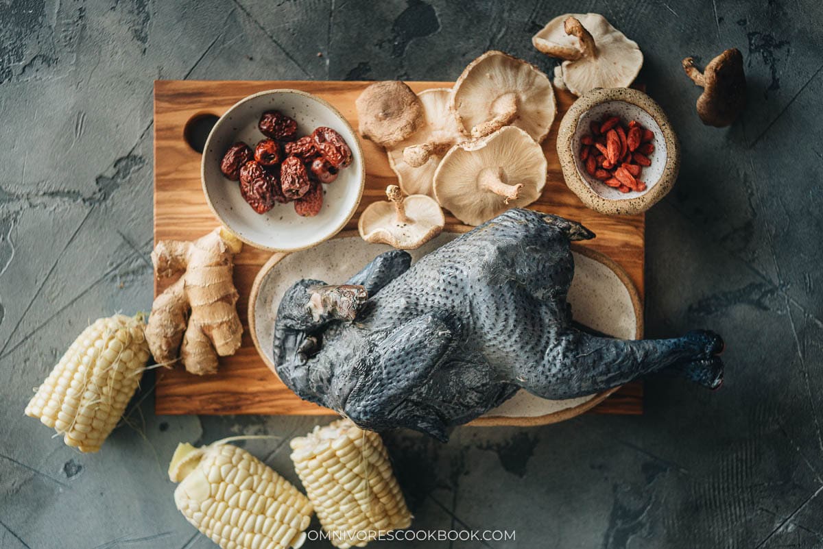 Silkie Chicken Soup - A healthy, nutrient-rich savory soup with a touch of sweetness ideal for cooler weather or when you’re under the weather! #chinese #recipe #healthy Ingredients for making Chinese silkie chicken soup