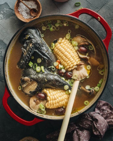 Chinese silkie chicken soup served in a dutch oven