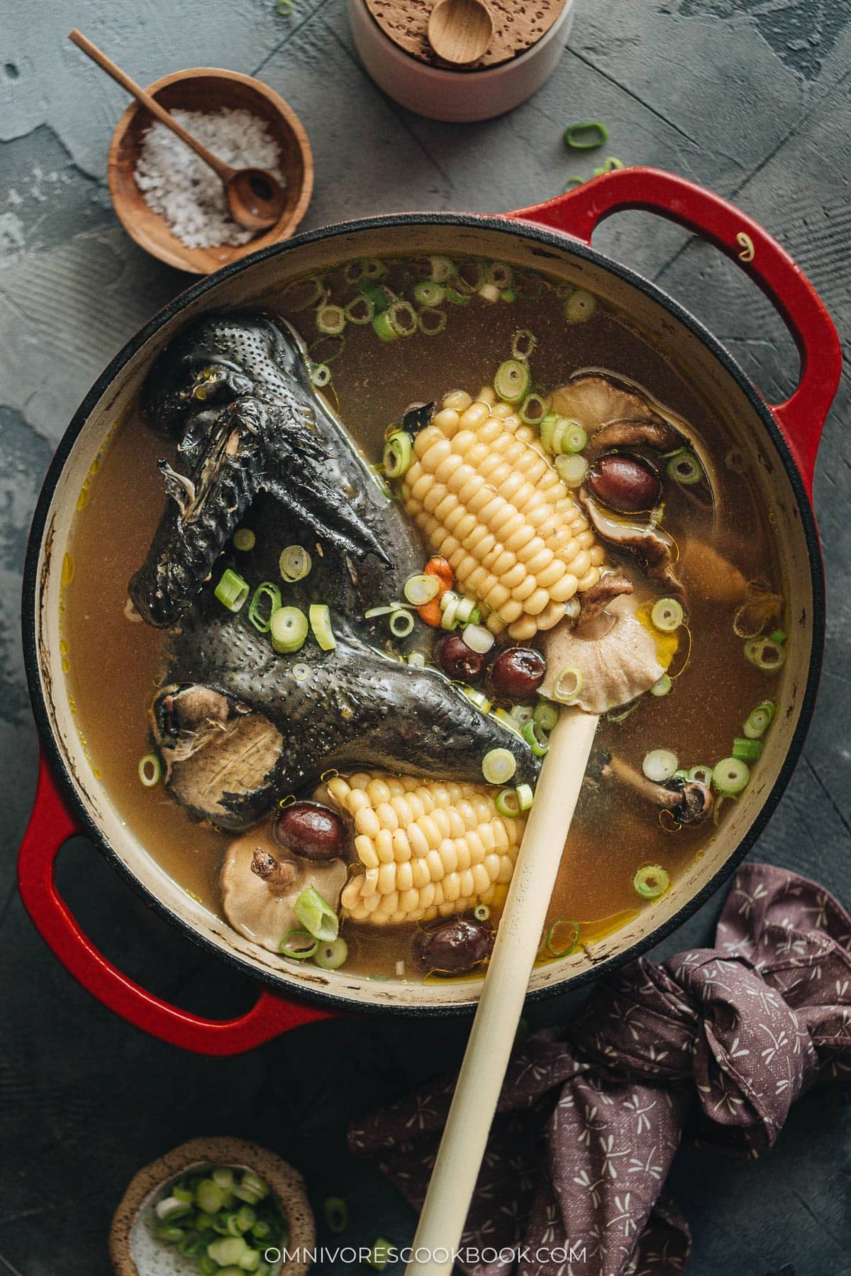 Silkie Chicken Soup - A healthy, nutrient-rich savory soup with a touch of sweetness ideal for cooler weather or when you’re under the weather! #chinese #recipe #healthy Chinese silkie chicken soup served in a dutch oven