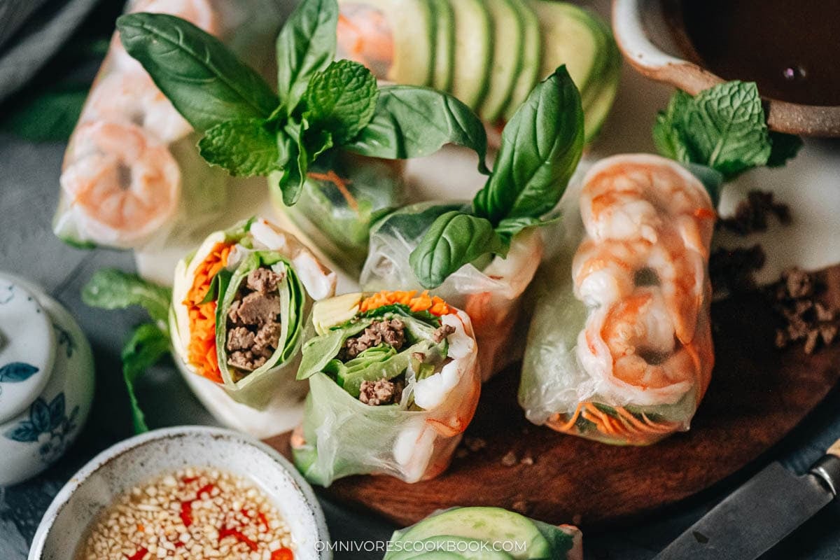 Fresh shrimp spring rolls with avocado and sauces