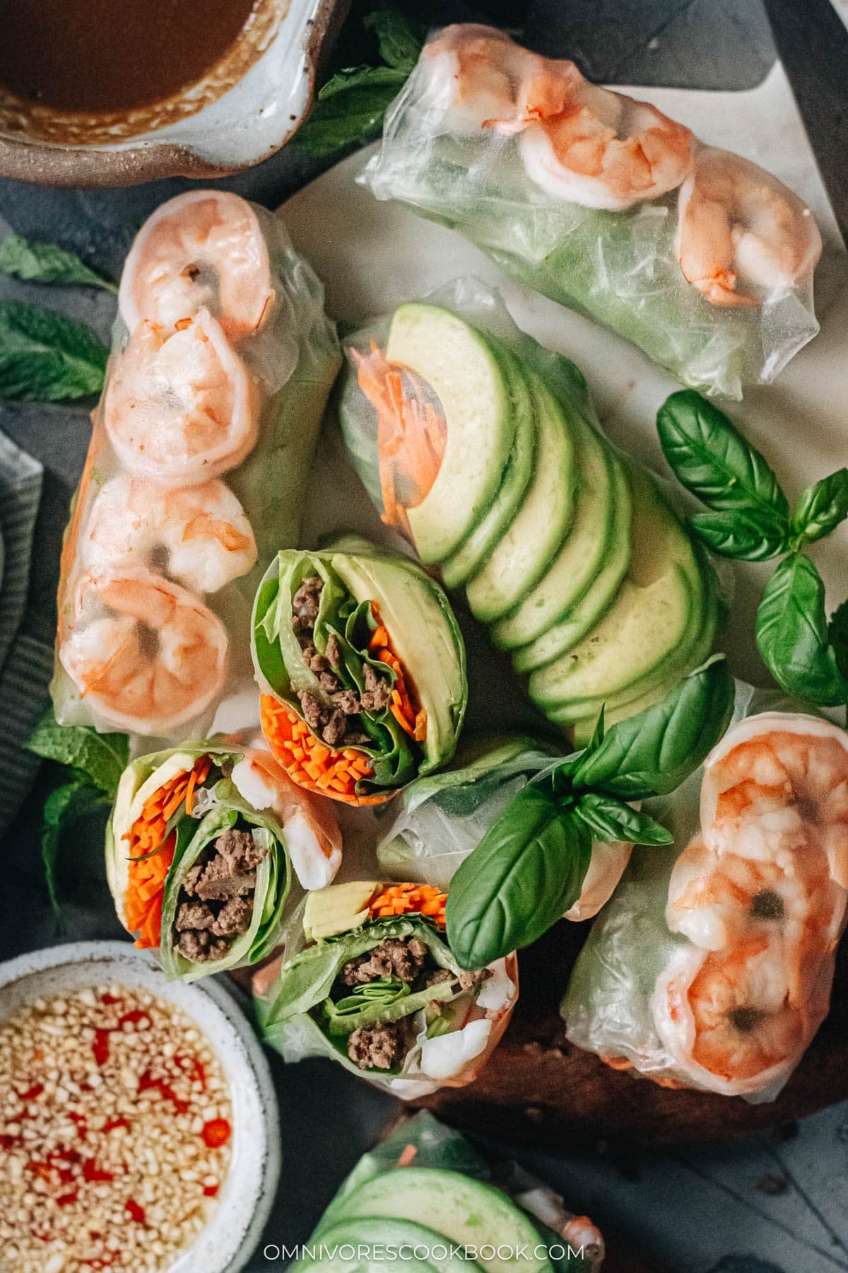 Fresh shrimp spring rolls with avocado and sauces