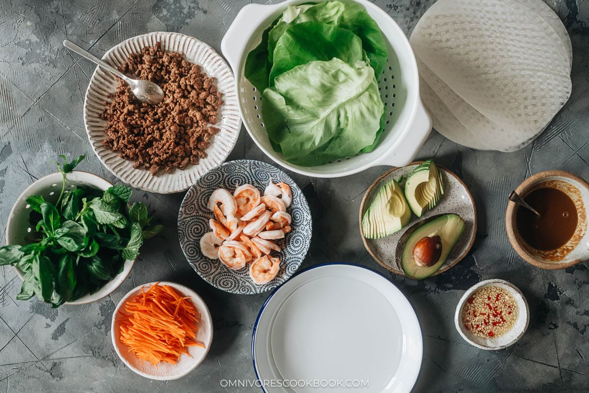 Ingredients for making fresh shrimp spring rolls