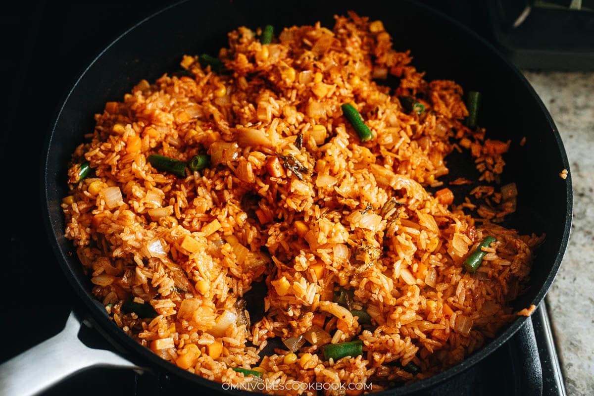 Kimchi Fried Rice cooking on a pan