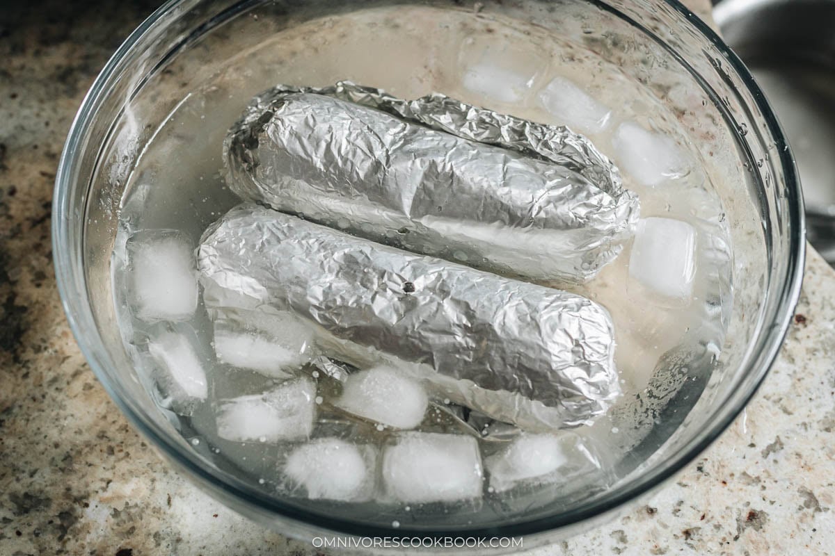 ice bathing the chicken rolls