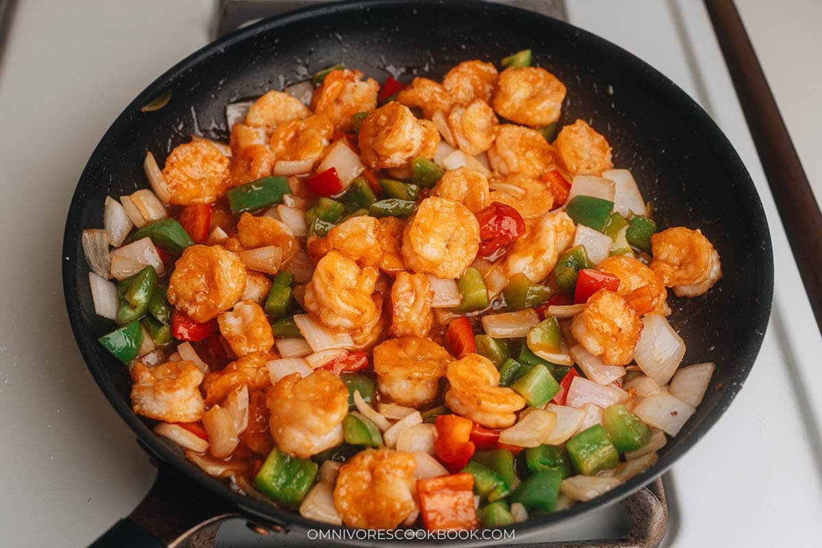 Sweet and Sour Shrimp meal in a pan cooking