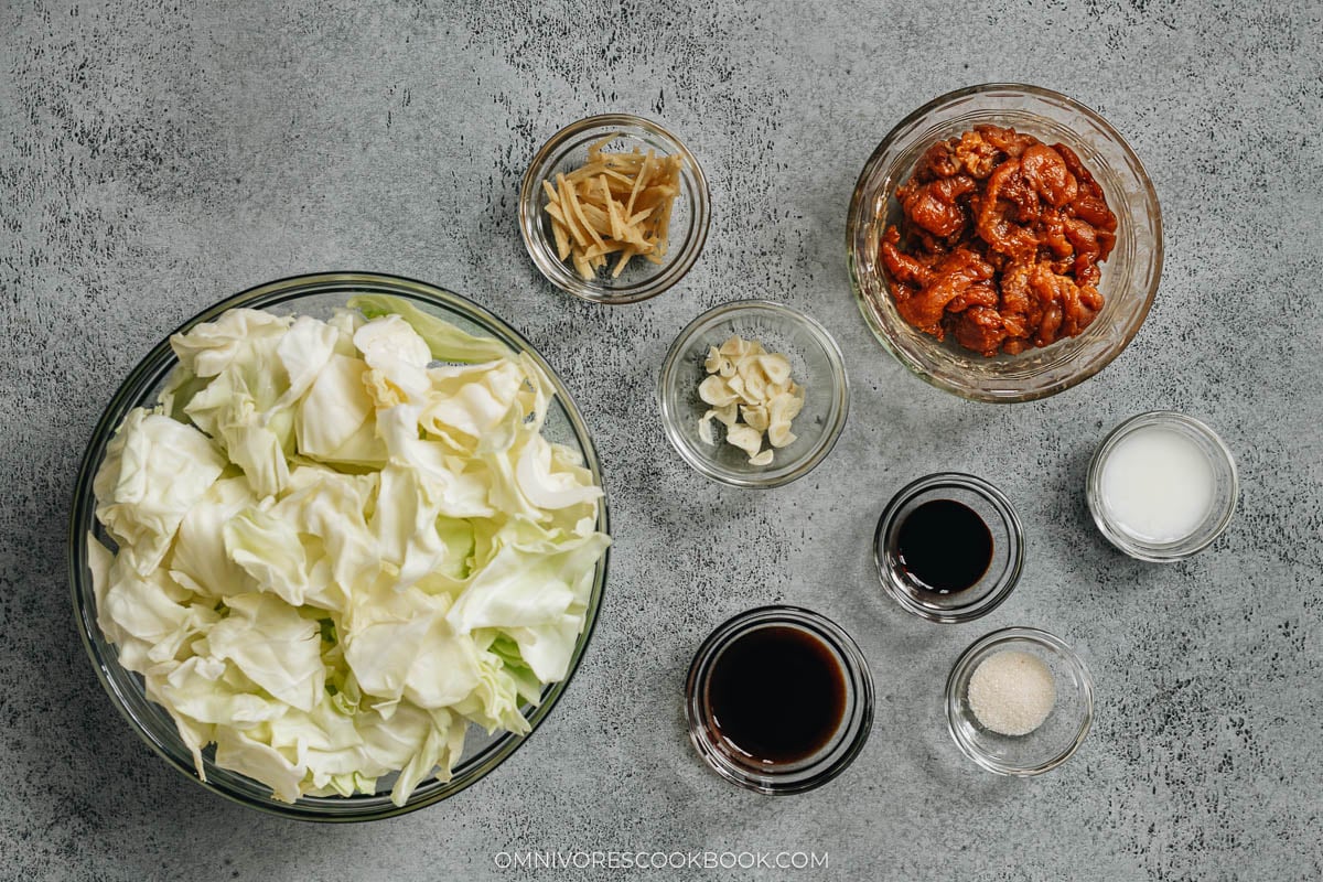 Ingredients for pork and cabbage stir fry