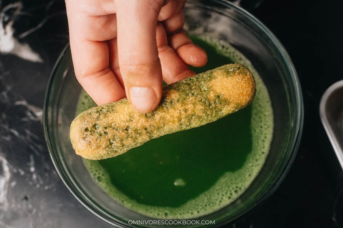 dipping ladyfingers in matcha soak