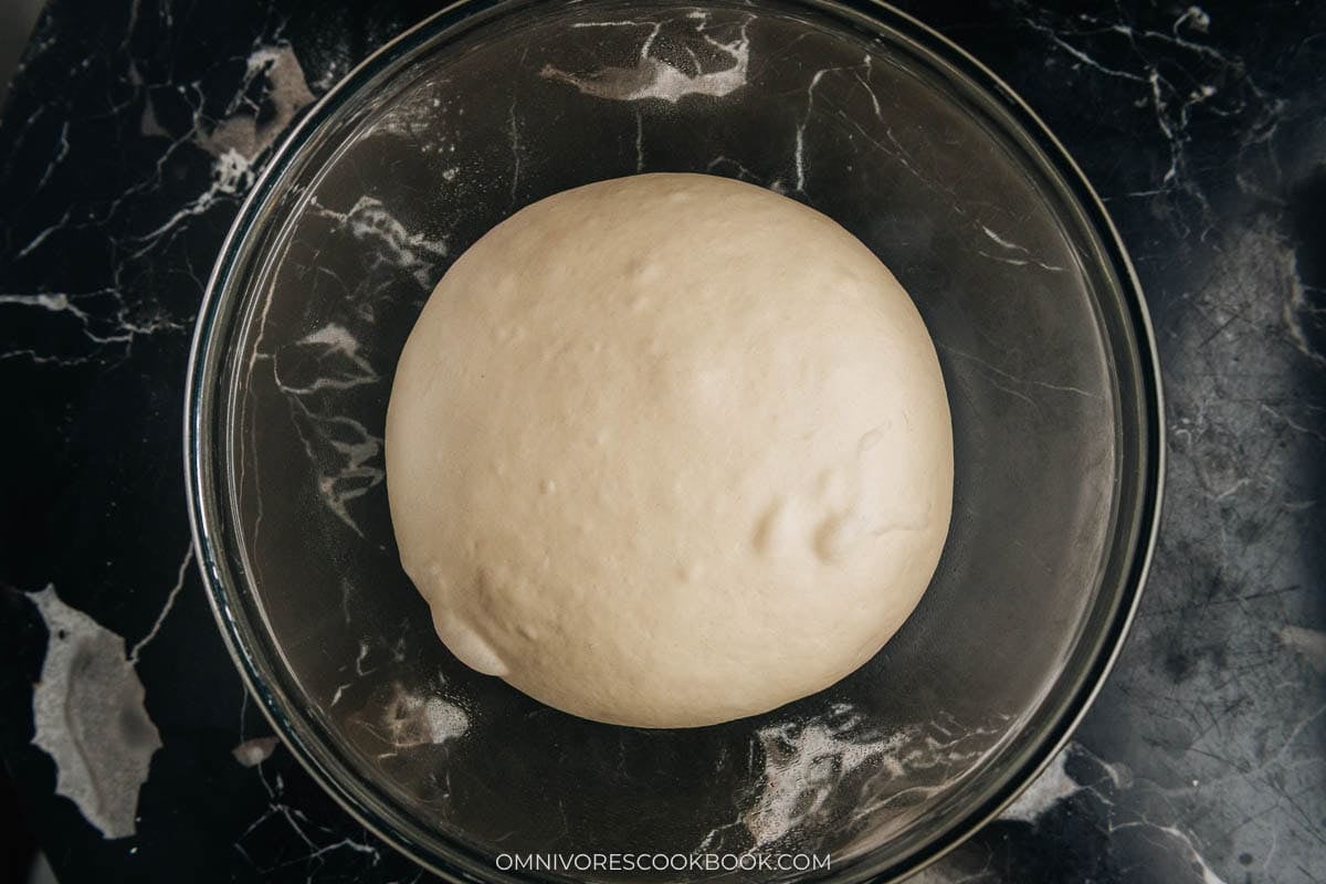 dough doubled in a bowl