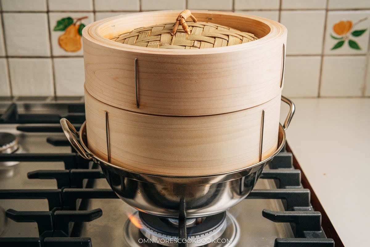 resting the chicken buns inside the steamer