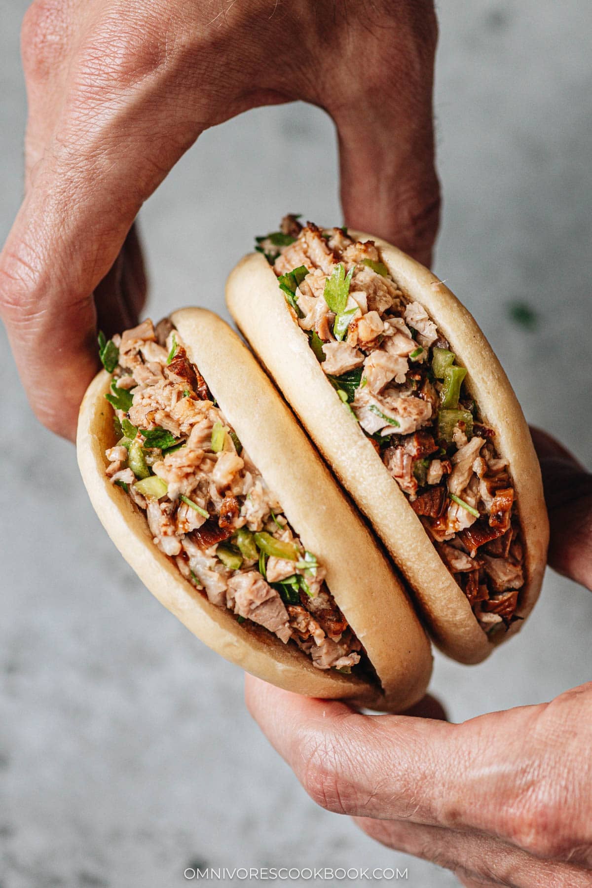 Chinese pork belly bun (Rou Jia Mo, 肉夹馍) - Melt-in-your-mouth braised pork belly stuffed with peppers and cilantro in a fluffy flatbread. They are so irresistible! {Gluten-Free adaptable} #pork #burger #chinese #asian #recipes Chinese Pork Belly Bun (Rou Jia Mo)