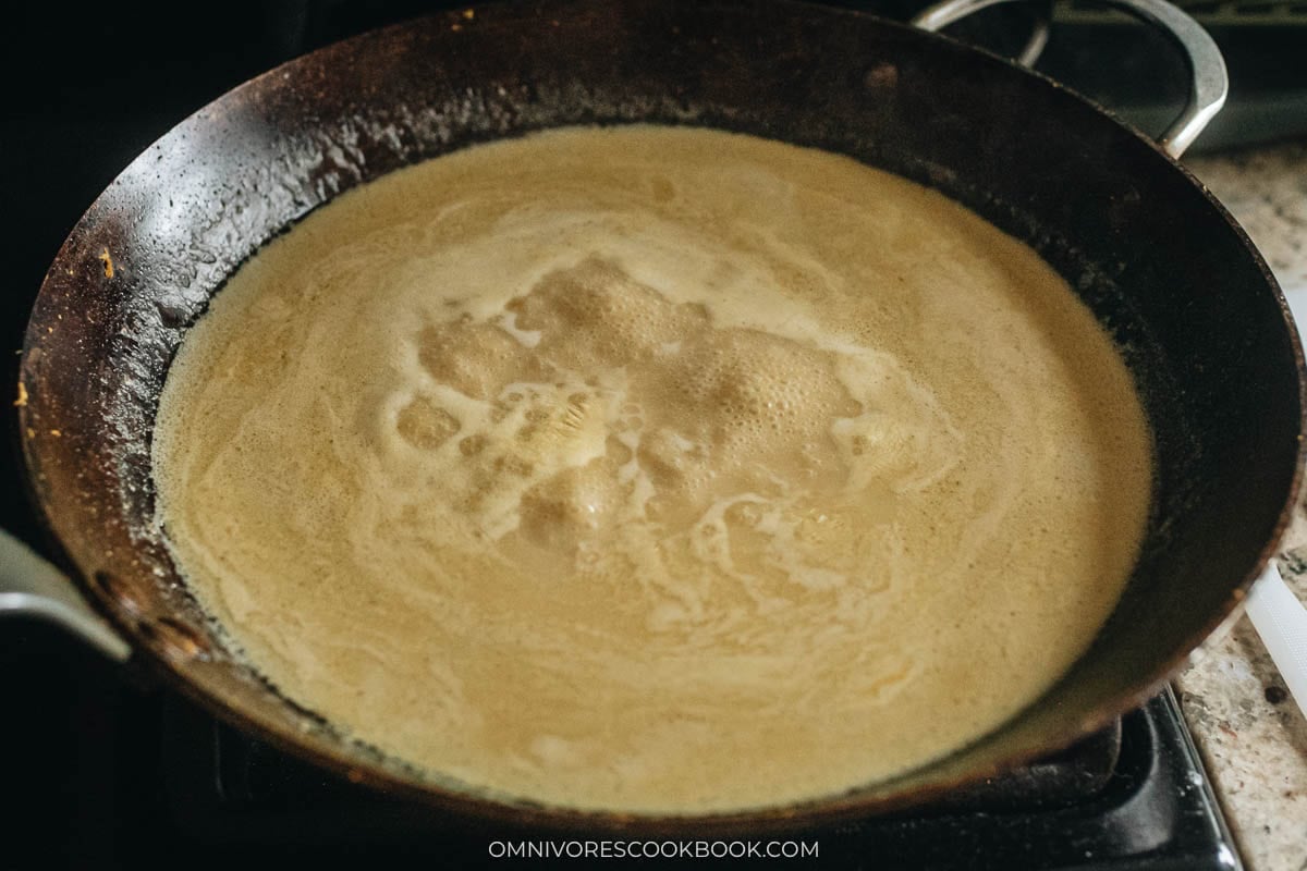 mixing the sauce on a pan