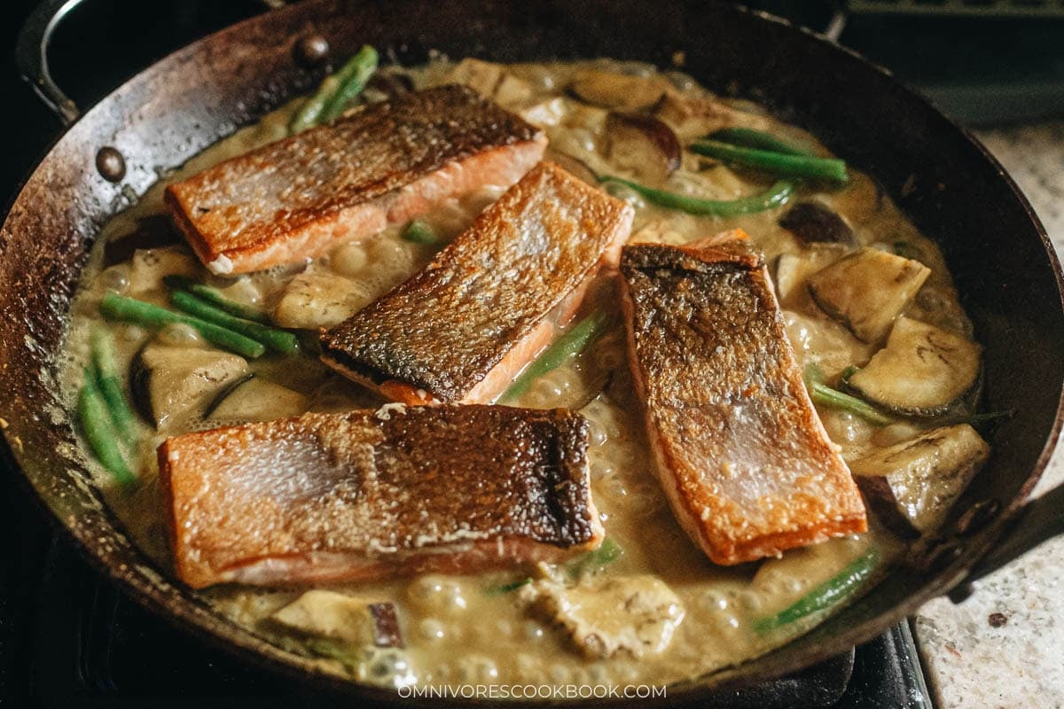 final Thai Salmon Coconut Curry ready in a pan