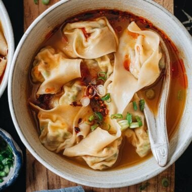 One bowl of soup with vegan dumplings