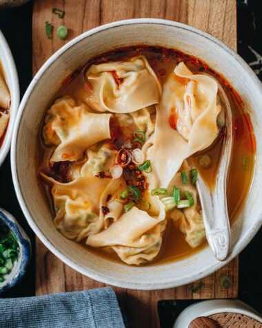 One bowl of soup with vegan dumplings